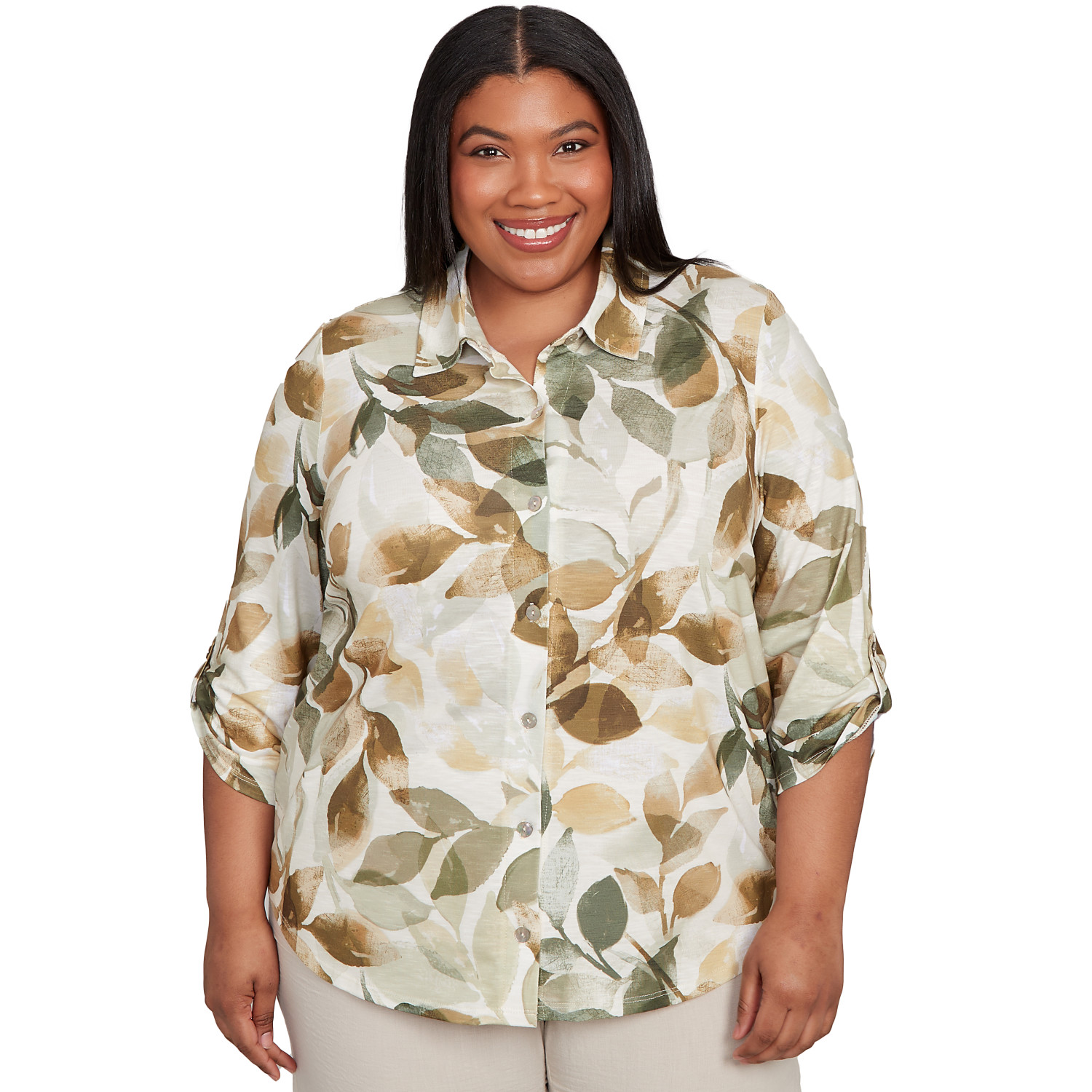 Plus Women's Knit Leaf Button Front Top