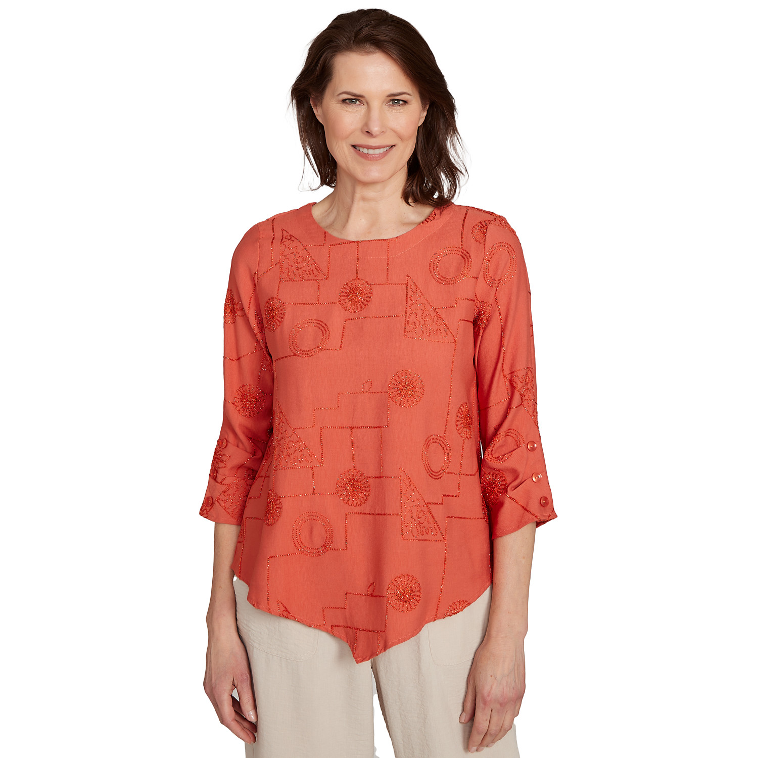 Petite Women's Metallic Embroidered Geometric Top