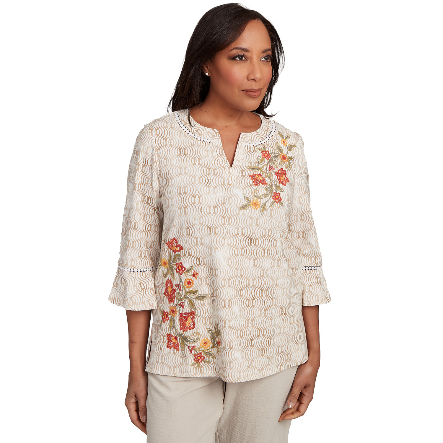 Petite Women's Printed Floral Bell Sleeve Embroidered Top