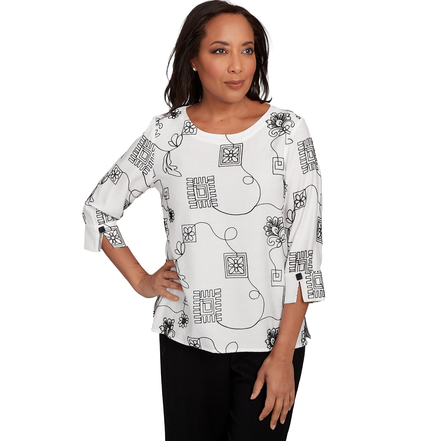 Petite Women's Geometric Floral Soutache Embroidered Top