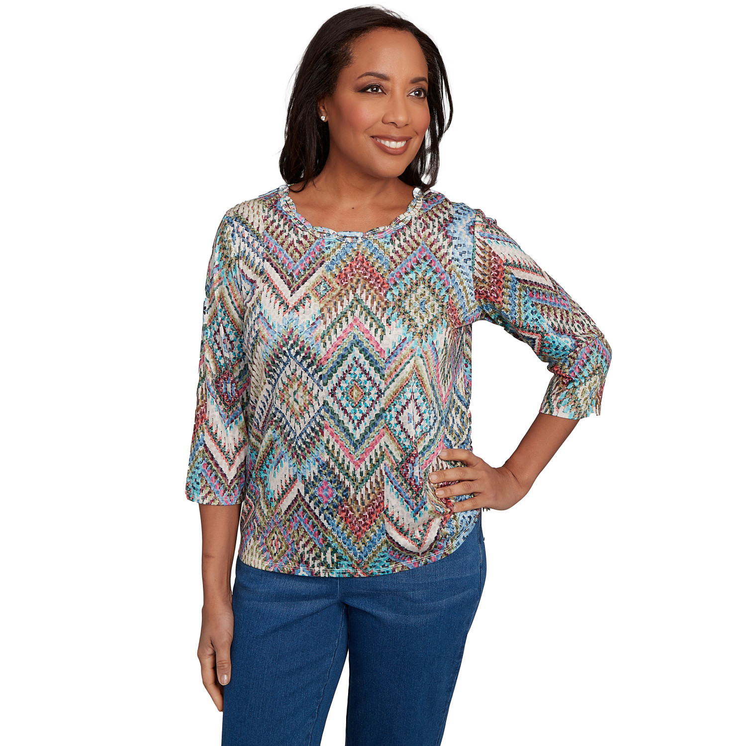 Petite Women's Ikat Diamond Detailed Neckline Top