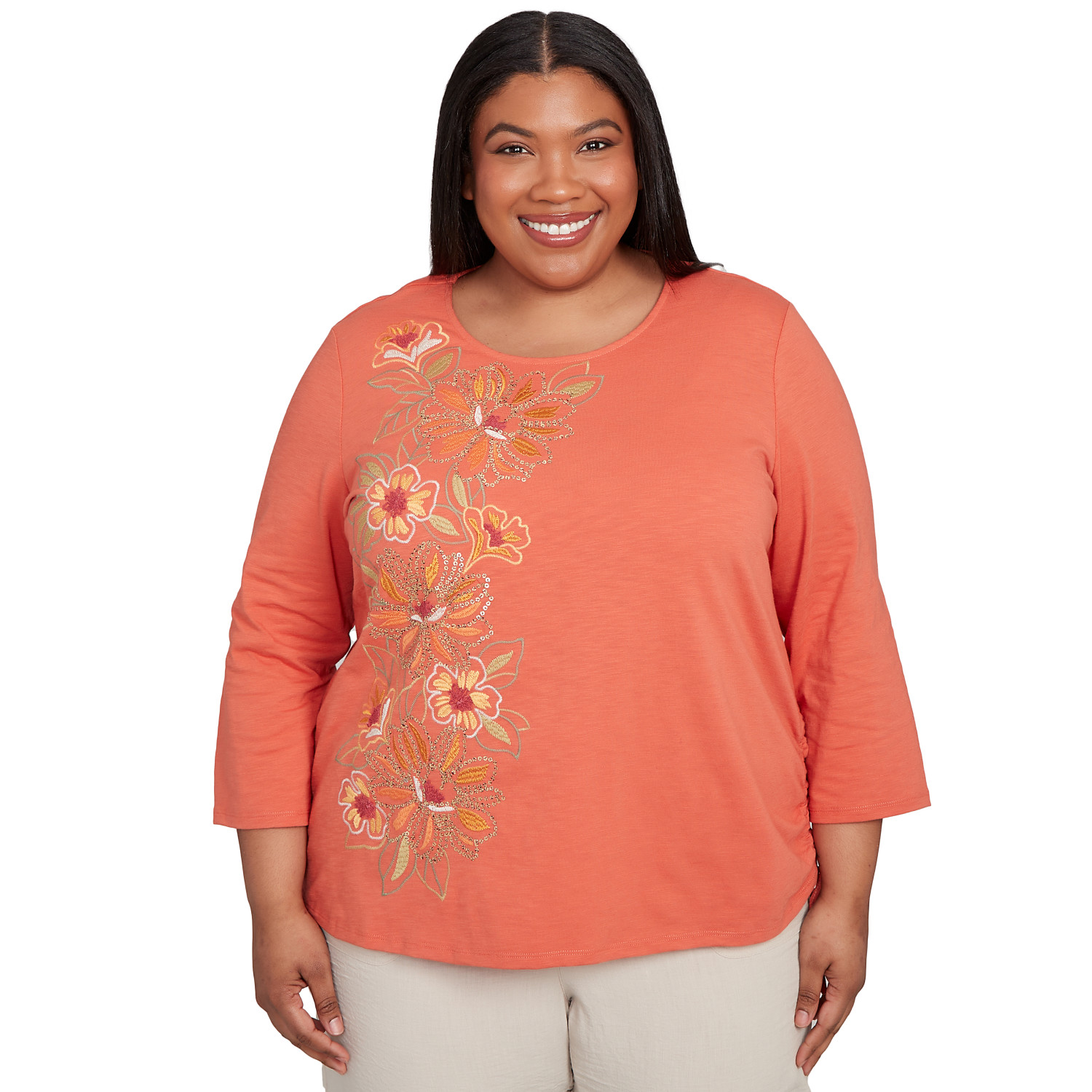 Plus Women's Asymmetric Floral Embroidered Tie Ruching Top