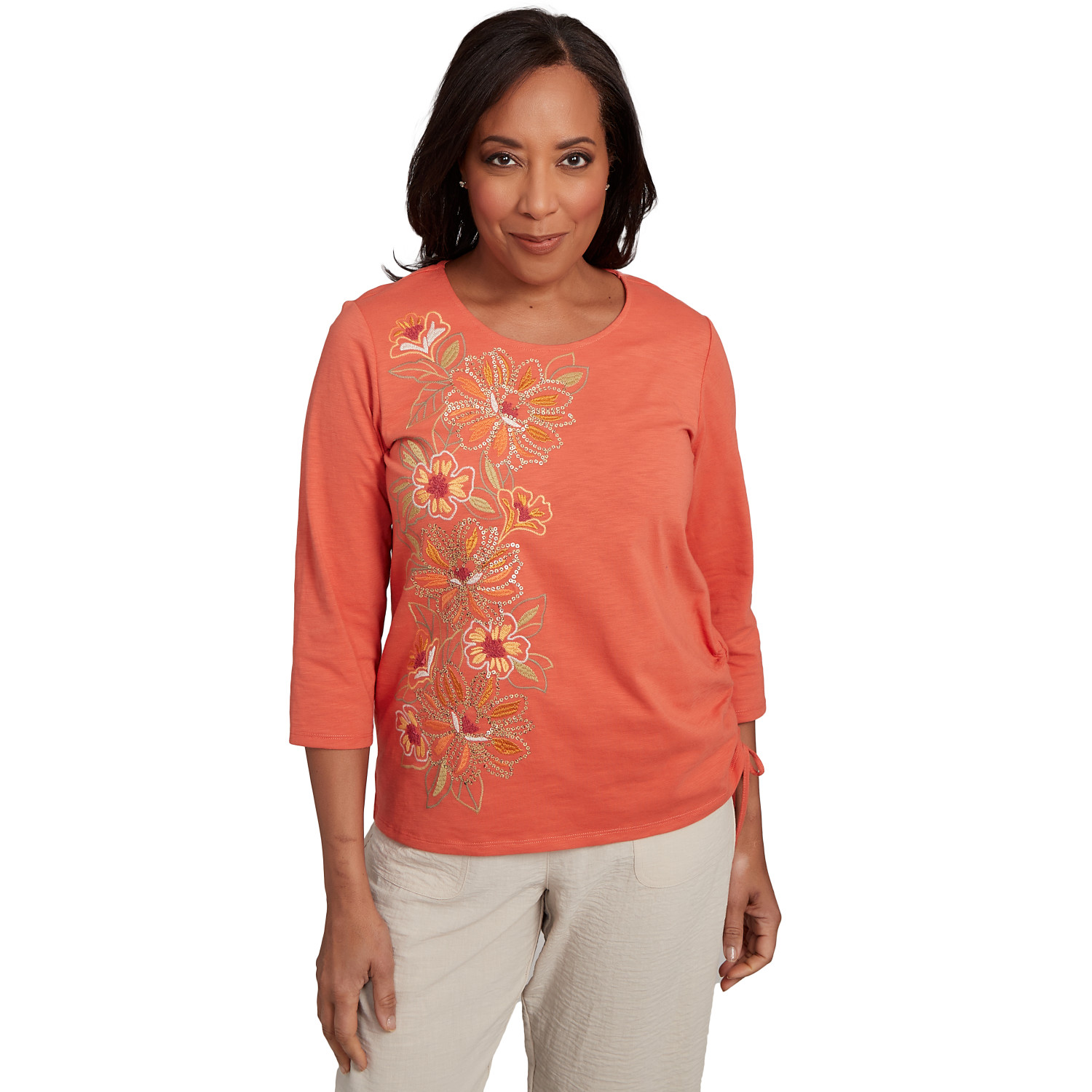 Petite Women's Asymmetric Floral Embroidered Tie Ruching Top