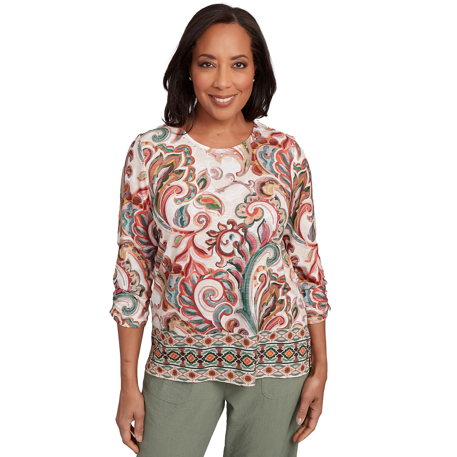 Women's Textured Scroll Border Ruched Sleeves Top