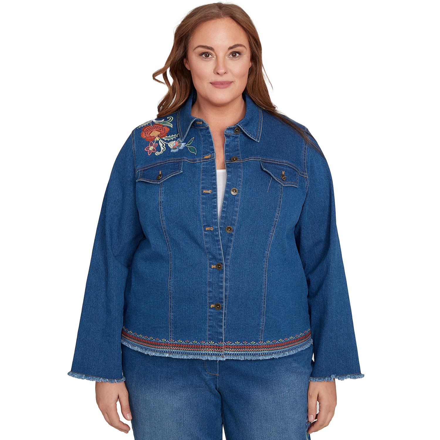 Plus Women's Floral Vine Embroidered Border Denim Jacket