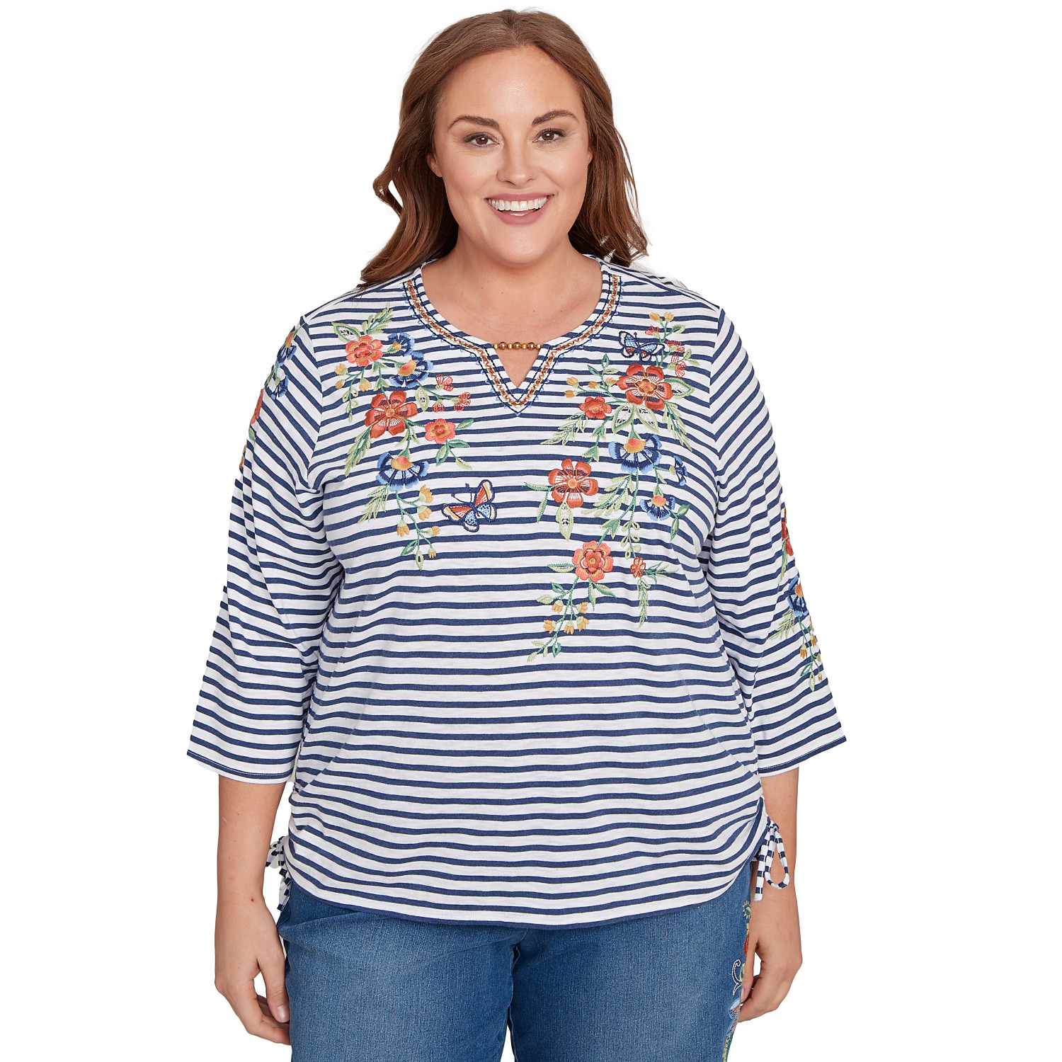 Plus Women's Floral Stripe Ruched Sides Top