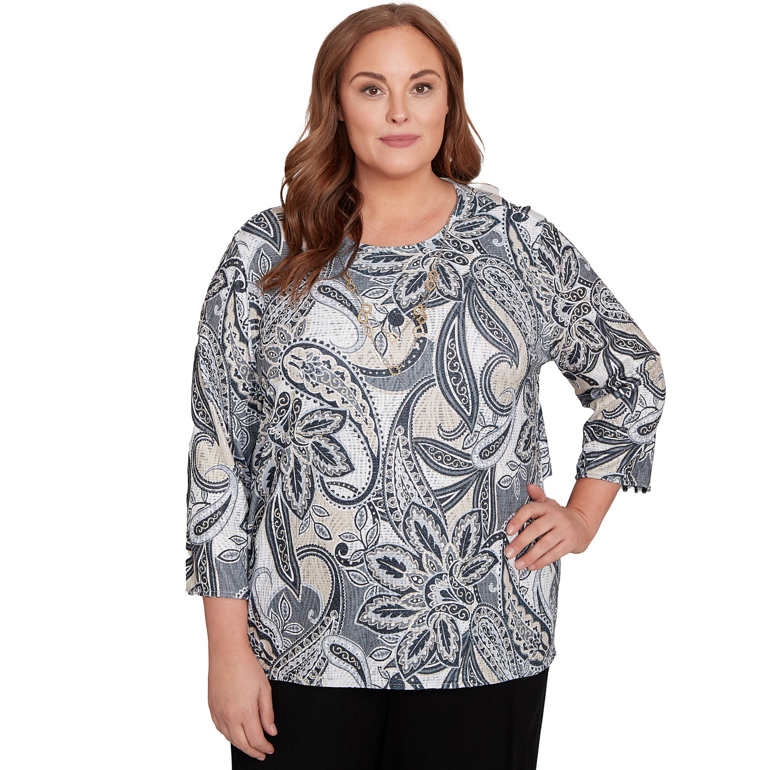 Plus Women's Reversible Paisley Top With Necklace