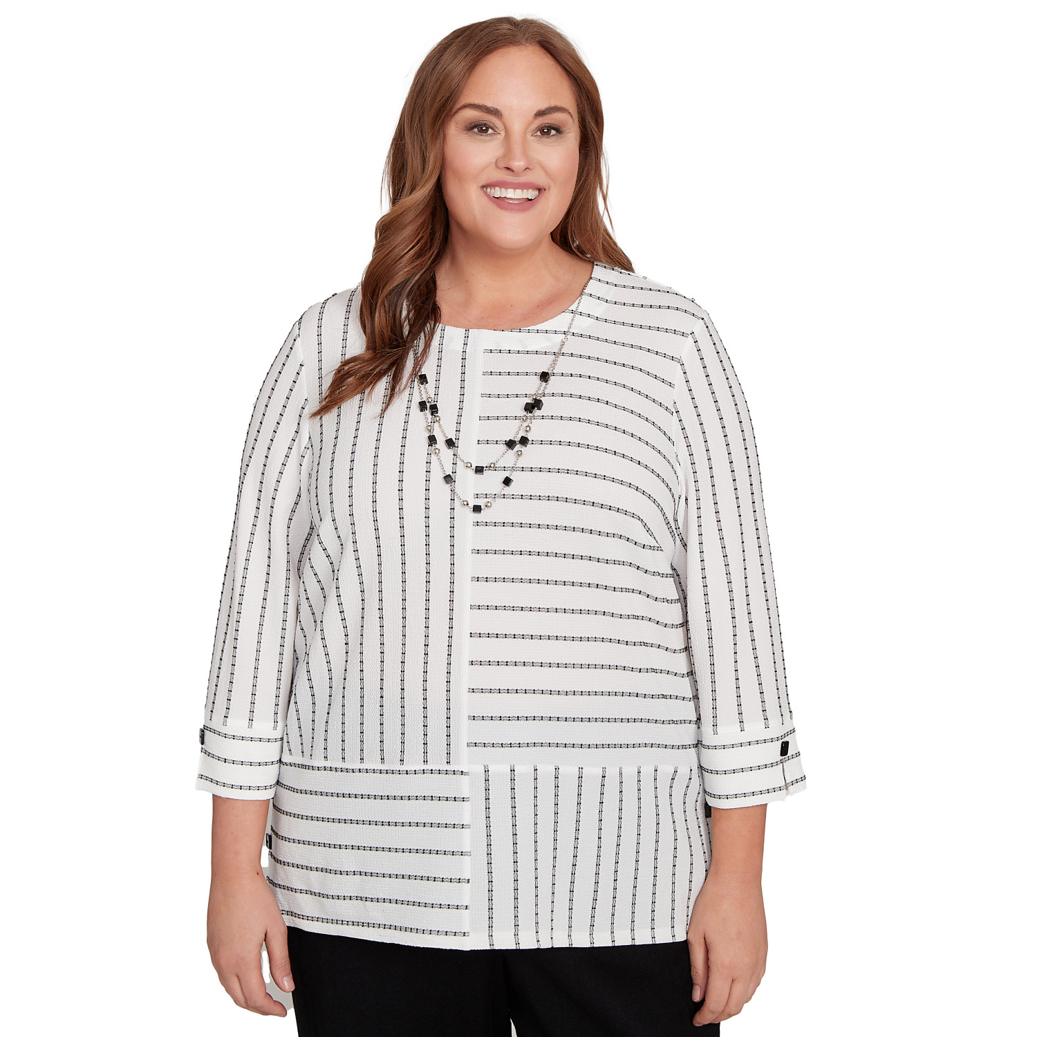 Plus Women's Splice Textured Stripe Top With Necklace