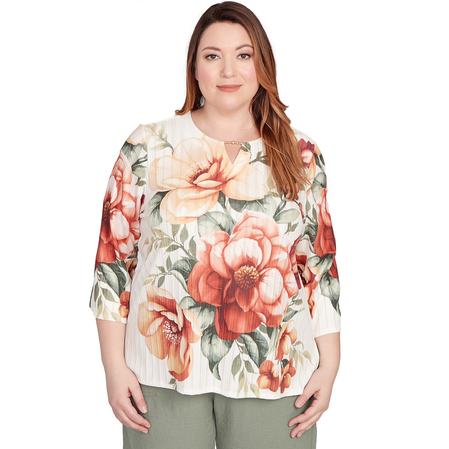 Plus Women's Dramatic Floral Split Beaded Top