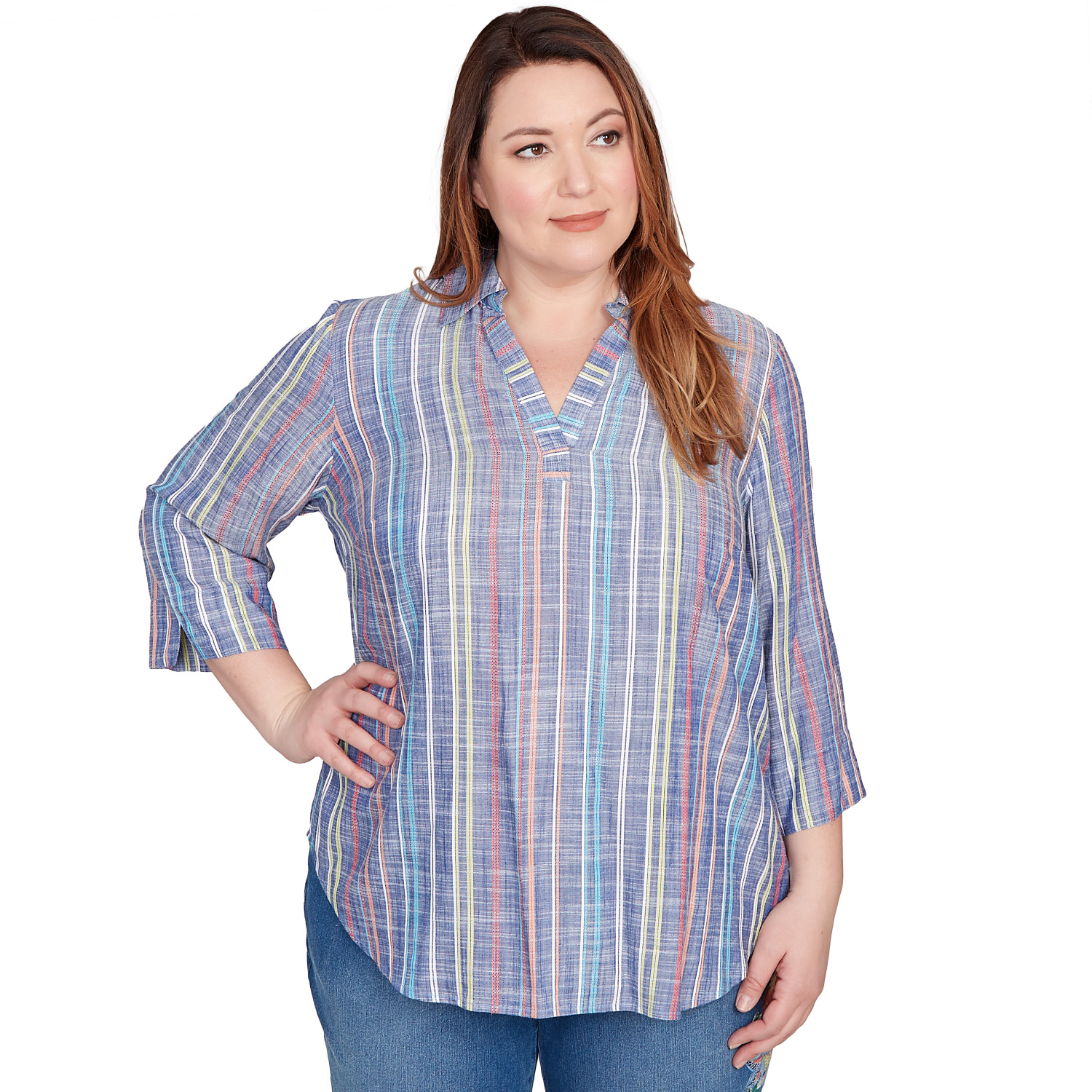 Plus Women's Textured Multi Stripe Collared Top