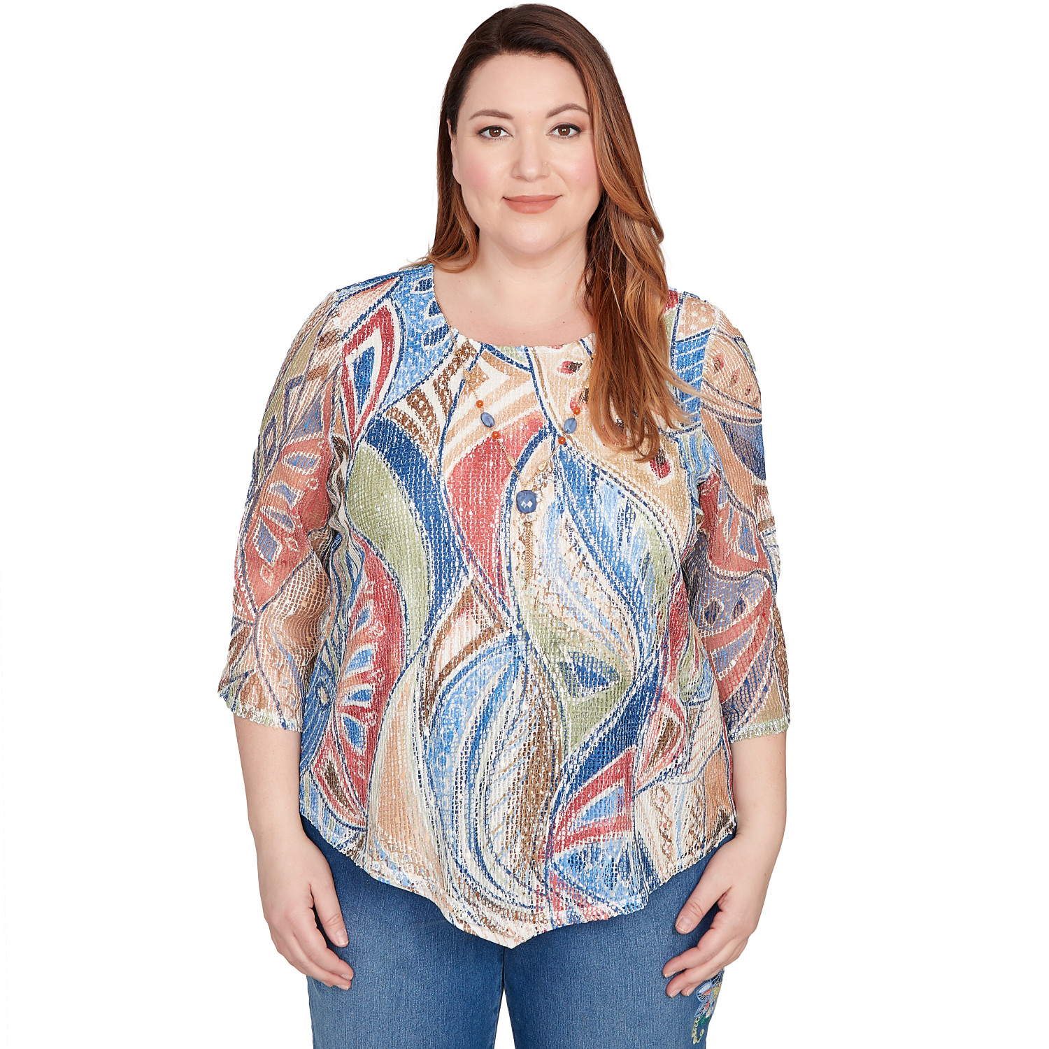 Plus Women's Printed Leaf Textured Top With Necklace
