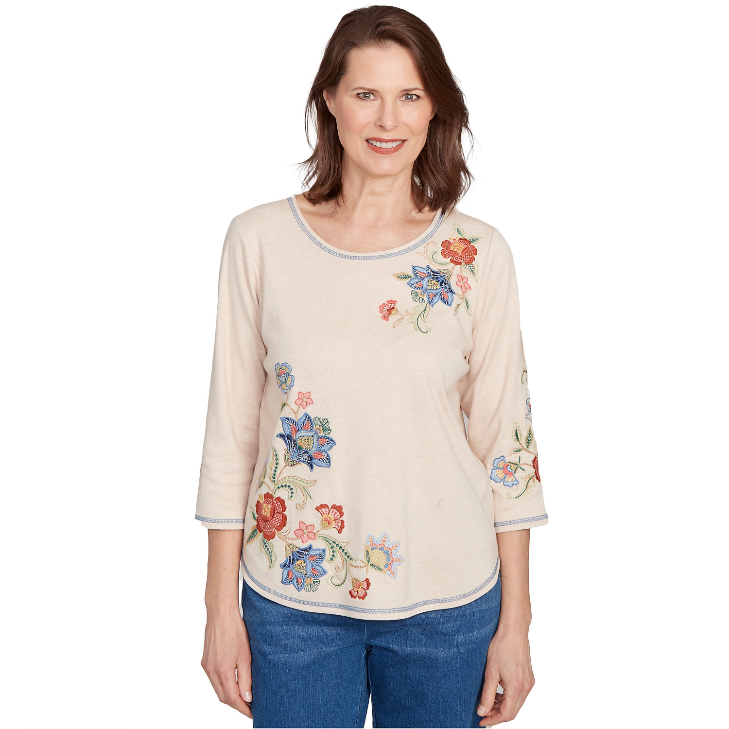 Petite Women's Asymmetrical Floral Embroidered Top