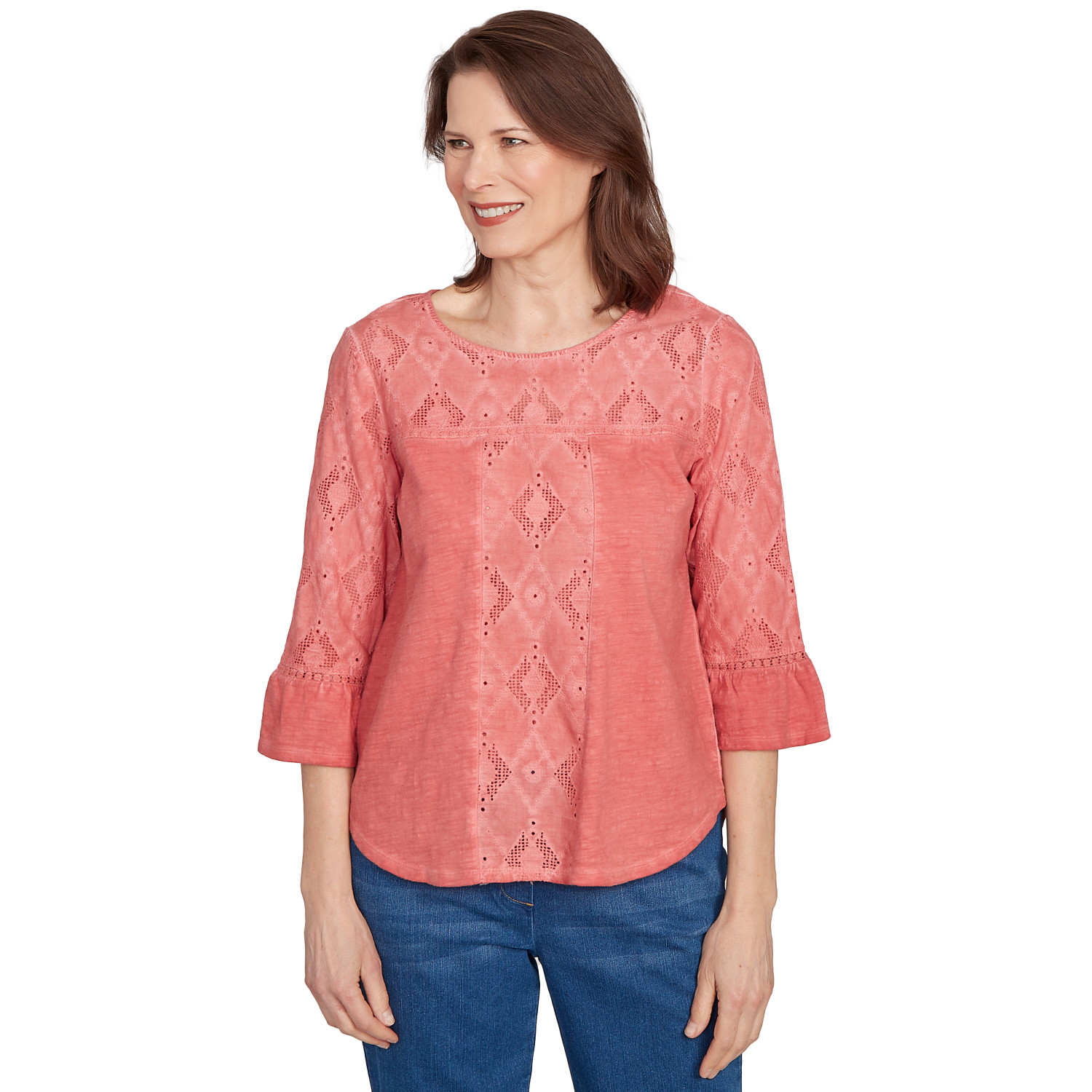 Women's Diamond Textured Spliced Bell Sleeve Top
