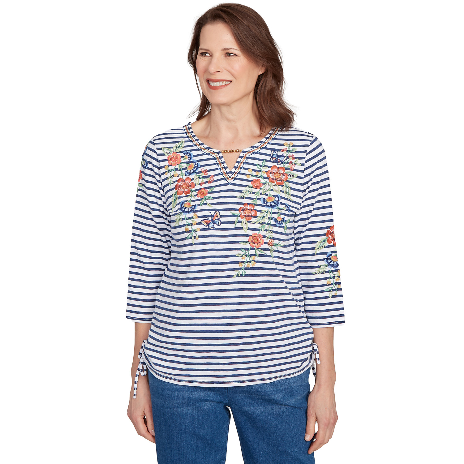 Women's Floral Stripe Ruched Sides Top