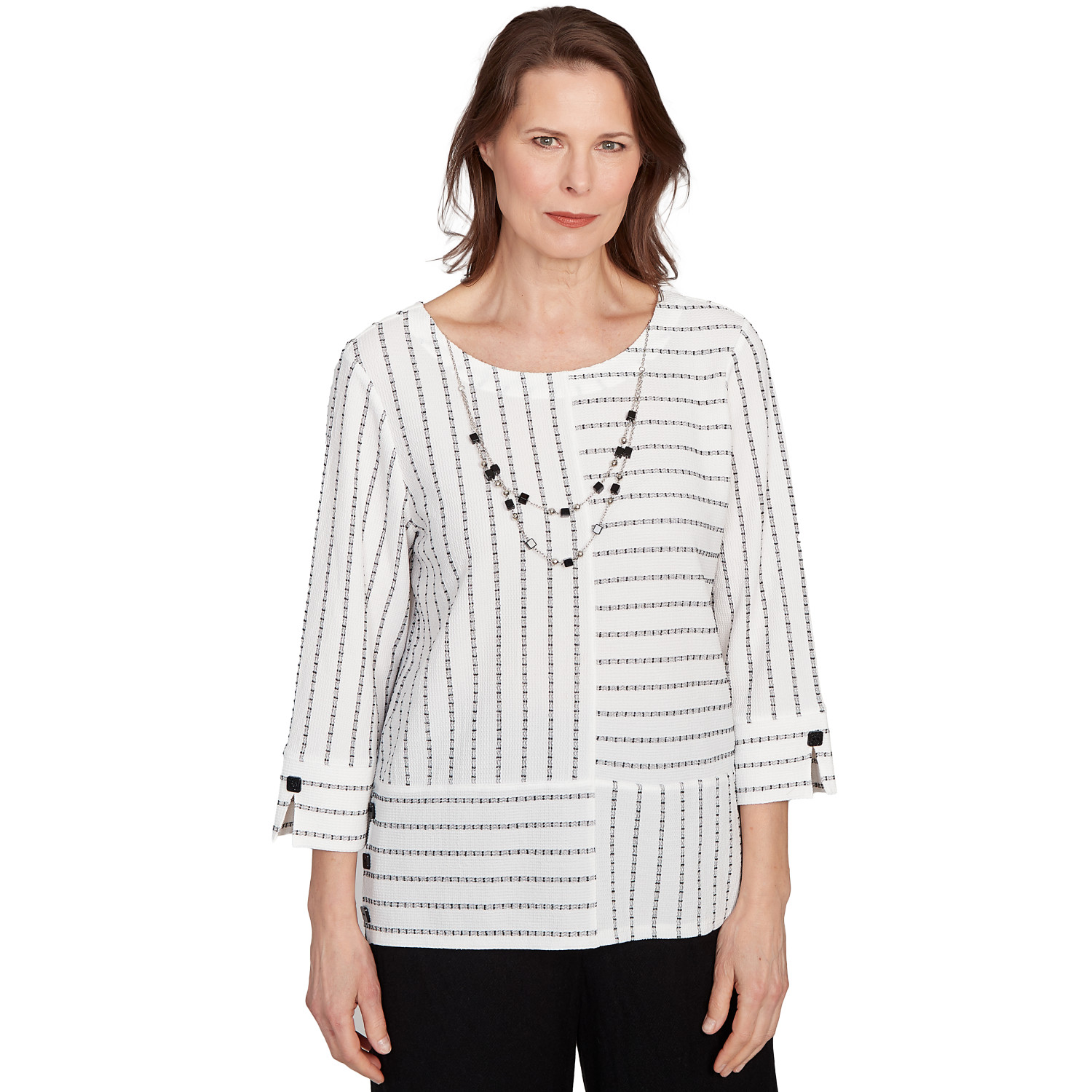 Petite Women's Splice Textured Stripe Top With Necklace