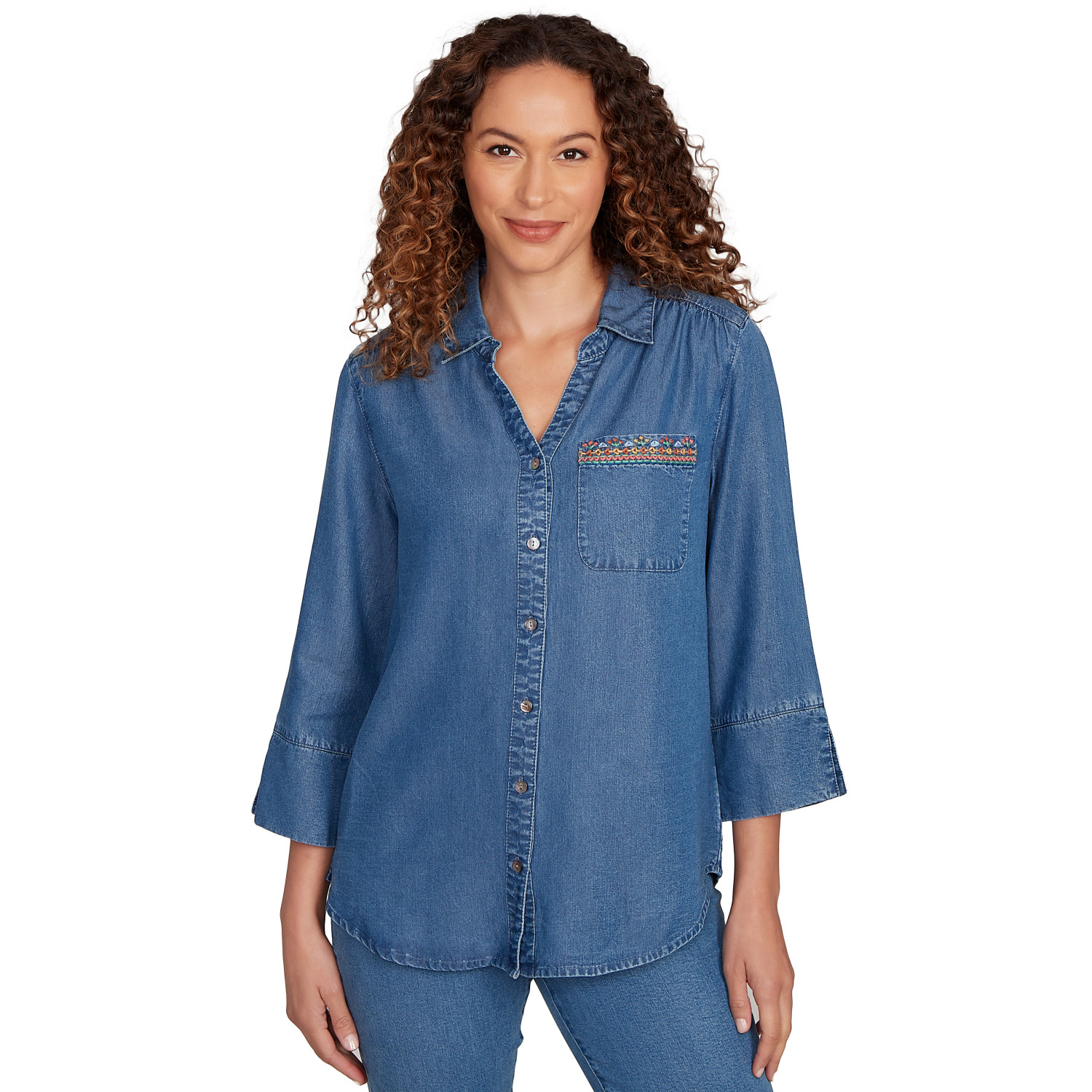 Petite Women's Embroidered Butterfly Button Front Top