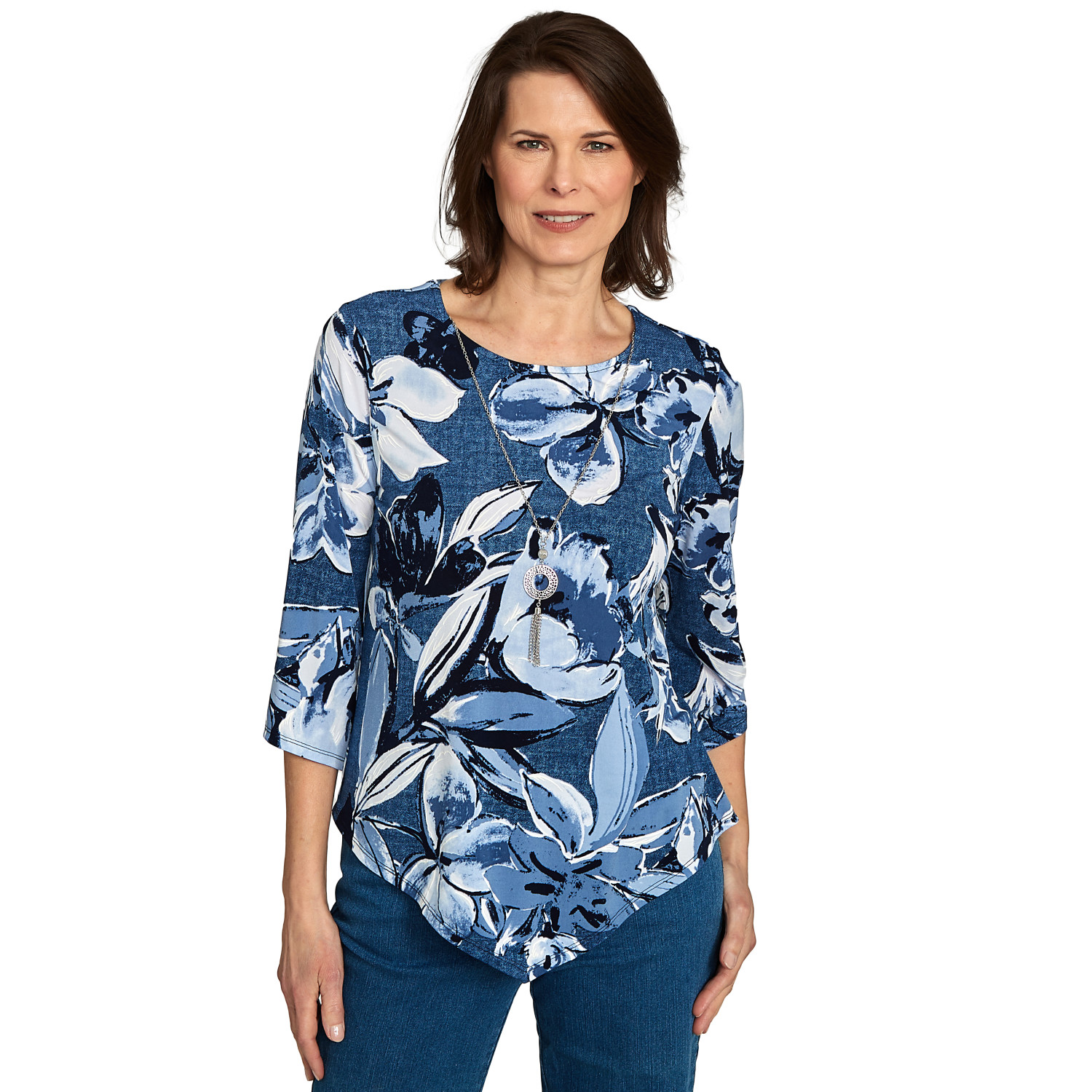 Women's Puff Print Denim Floral Top