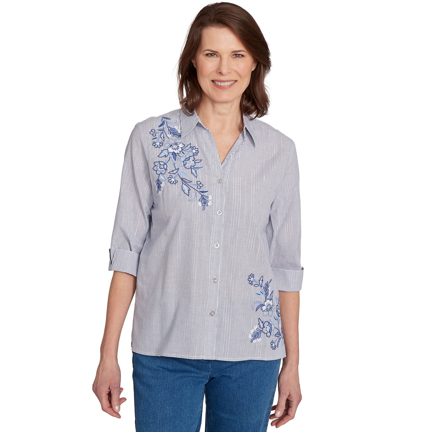 Women's Diagonal Floral Metallic Stripe Button Front Top