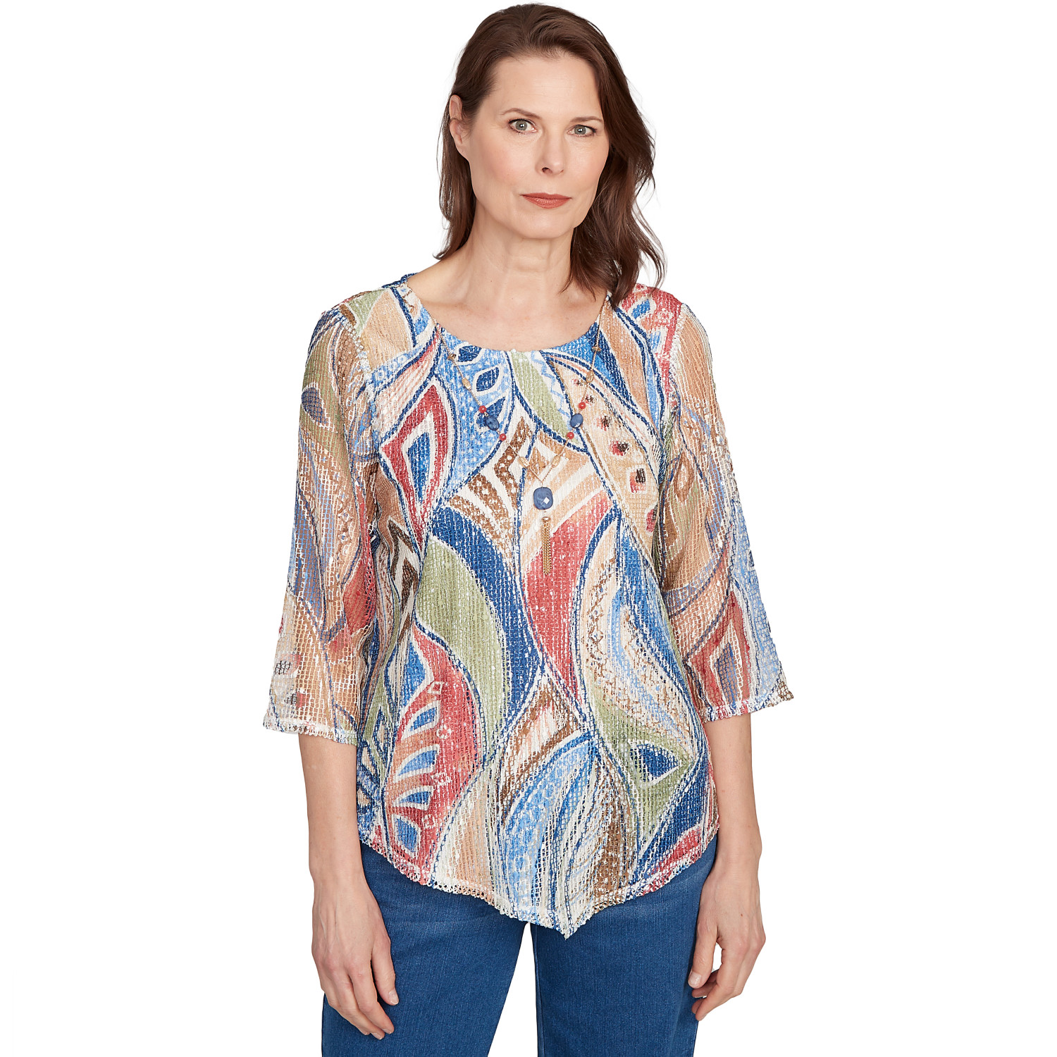 Women's Printed Leaf Textured Top With Necklace
