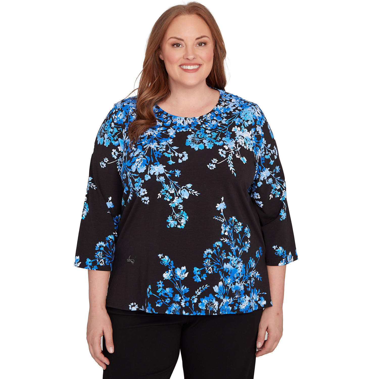 Plus Women's Floral Asymmetric Three Quarter Sleeve Top