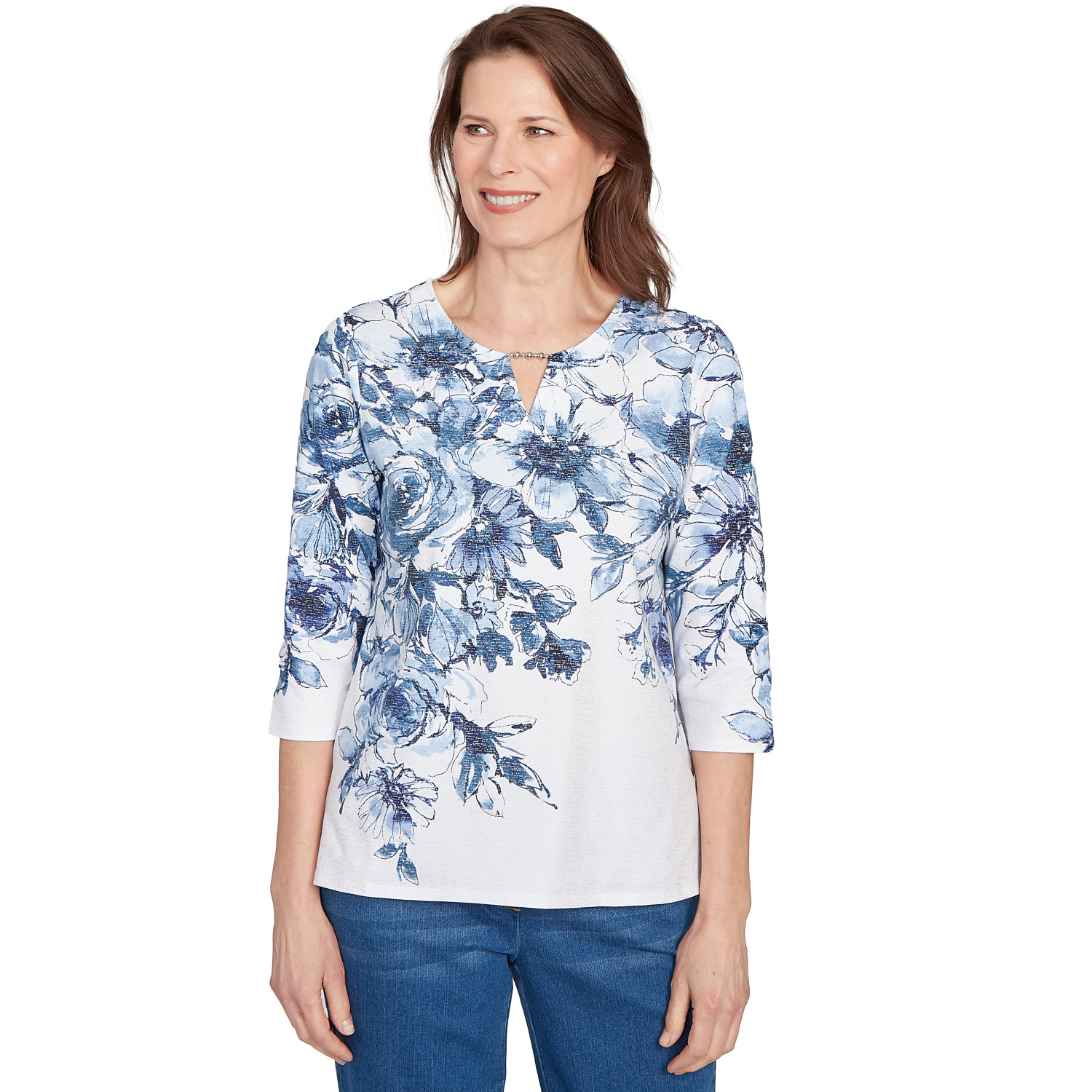 Women's Floral Split Neck Beaded Top