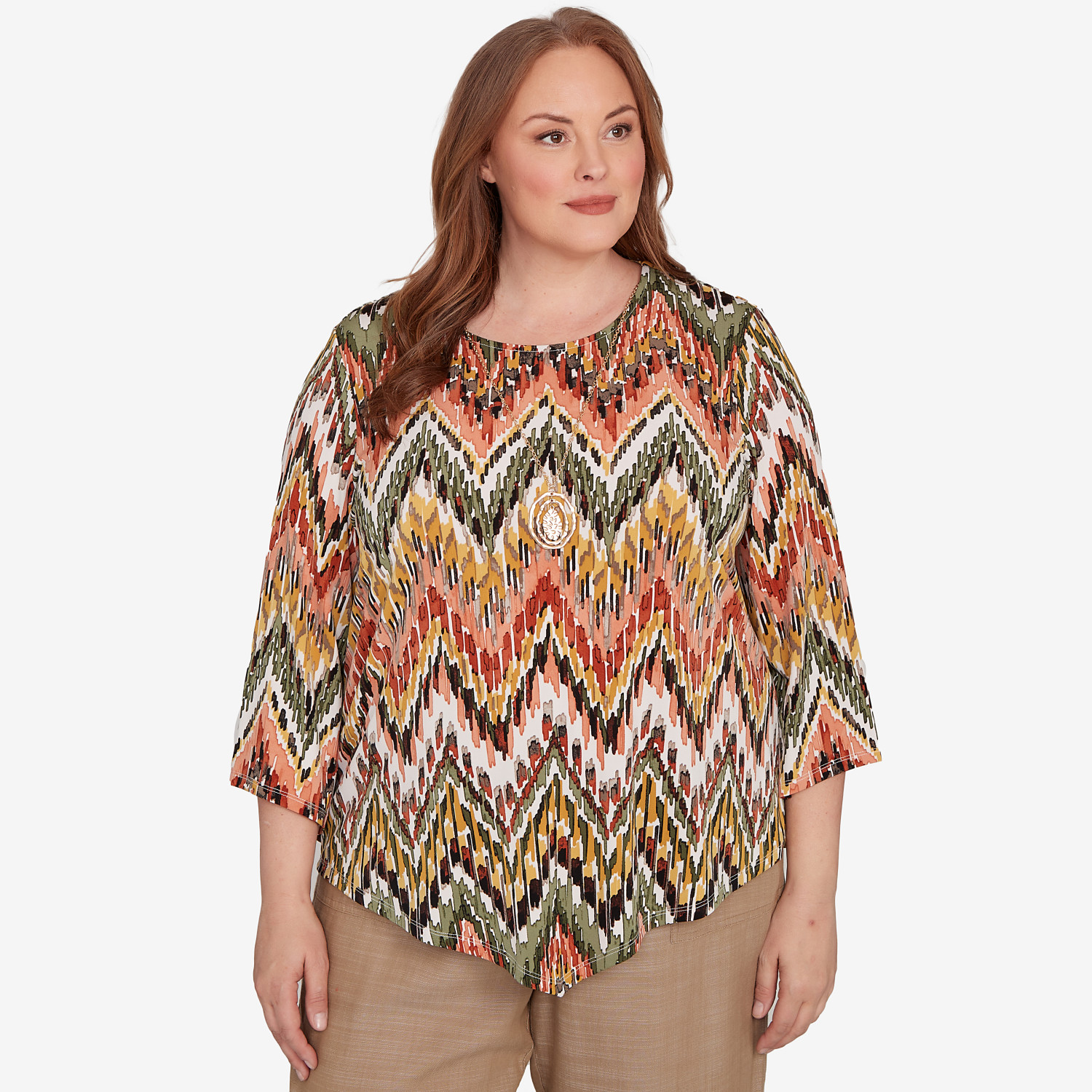 Plus Women's Ikat Chevron Top With Necklace
