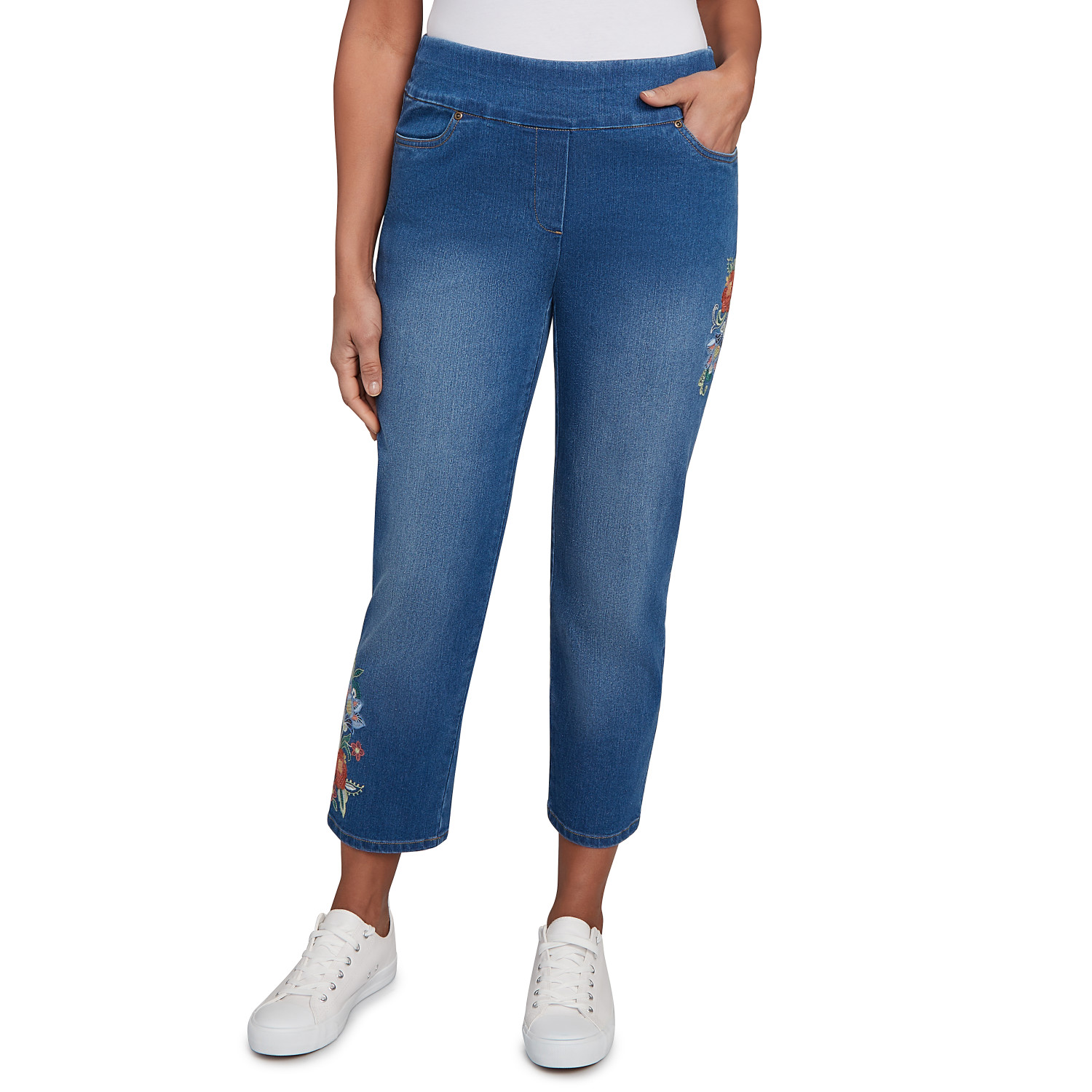 Women's Floral Vine Embroidered Denim Ankle Pant