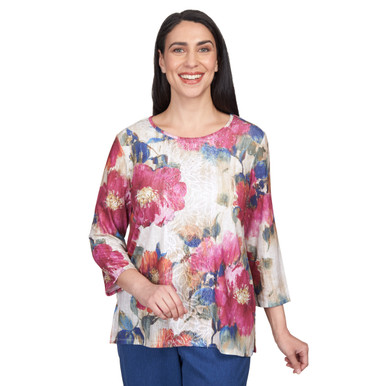 Women's Painted Texture Floral Lace Paneled Top | Alfred Dunner