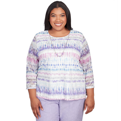 Plus Women's Ikat Biadere Crew Neck Top With Necklace | Alfred Dunner