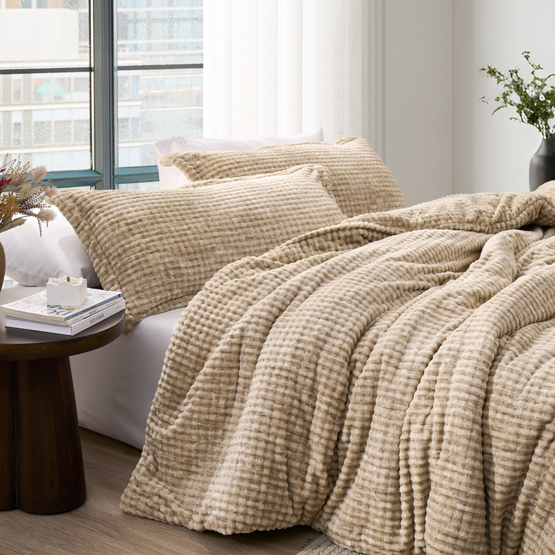 Extra Long and Extra Wide Twin, Queen, King, or Alaskan King Plush Comforter Set with Matching Taupe White Pillow Shams