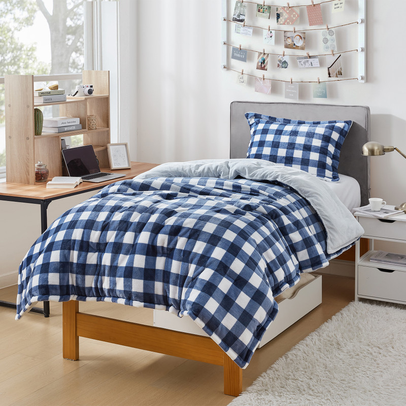 Stylish Checkered Plaid Blue and White XL Twin, XL Queen, or XL King Bedding Set