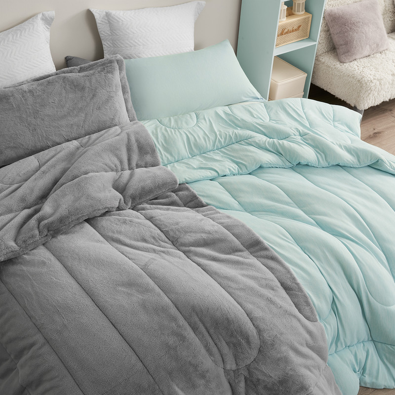 Opposites Attract - Coma Inducer Oversized Comforter - Plush Koala Gray + Cooling Caribbean Green