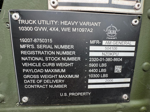 2006 AM GENERAL M1097A2 1 1/4 Ton HUMVEE HMMWV 4 Speed / Hard Doors
