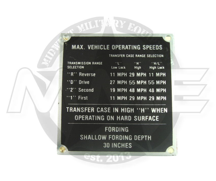 Max Vehicle Operating Speeds Nameplate