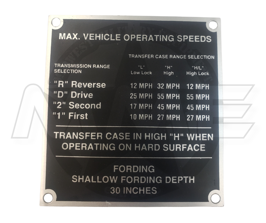 Max Vehicle Operating Speed Nameplate