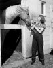 Woman holding dog with horse at stable Poster Print - Item # VARSAL255420869