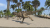 Ceratosaurus running across a tropical landscape Poster Print