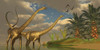 Three Dorygnathus dinosaurs fly over Diplodocus dinosaurs in a mating ritual Poster Print - Item # VARPSTCFR200268P