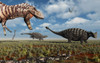 A carnivorous Tyrannosaurus Rex hunting down a pair of Ankylosaurus dinosaurs during Earth's Cretaceous Period. Poster Print - Item # VARPSTMAS100681P