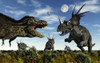 A herd of Styracosaurus dinosaurs confronting a carnivorous Tyrannosaurus Rex during the Cretaceous period Poster Print - Item # VARPSTMAS100640P