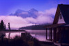 Cabin Boathouse And Foggy Sunrise Over Mountain Lake PosterPrint - Item # VARDPI1801605