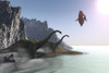 Two Diplodocus dinosaurs and a pterodactyl come to the shore for a drink of water. Poster Print - Item # VARPSTCFR200029P