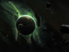 A green planet surrounded by several larger and smaller moons Poster Print