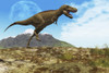 A Tyrannosaurus Rex dinosaur walks through his territory Poster Print