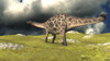 Dicraeosaurus walking across a field Poster Print