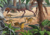 A large carnivorous Dracovenator chasing a group of Heterodontosaurus dinosaurs during the Early Jurassic period Poster Print - Item # VARPSTSKR100134P