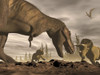 Tyrannosaurus Rex roaring at two Triceratops on rocky terrain Poster Print - Item # VARPSTEDV600105P