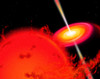 A red giant star orbiting a black hole, which is drawing in matter from the star Poster Print - Item # VARPSTRMR100011S