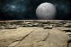 An artist's depiction of the view from a rocky and barren alien world. A large cratered moon rises over the airless environment. Poster Print - Item # VARPSTMRC200090S