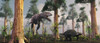 A Tyrannosaurus Rex tracking down a lone Ankylosaurus dinosaur Poster Print